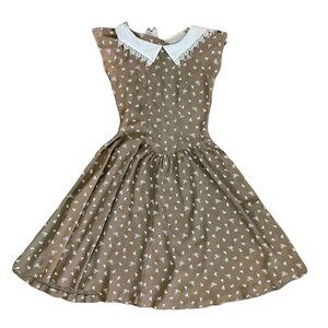 VTG 1980s Dawn Joy Brown Pleated Collared Coquette bow pattern Dress Sz 7